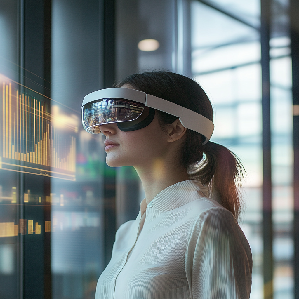 An office worker uses AR glasses, surrounded by graphs.