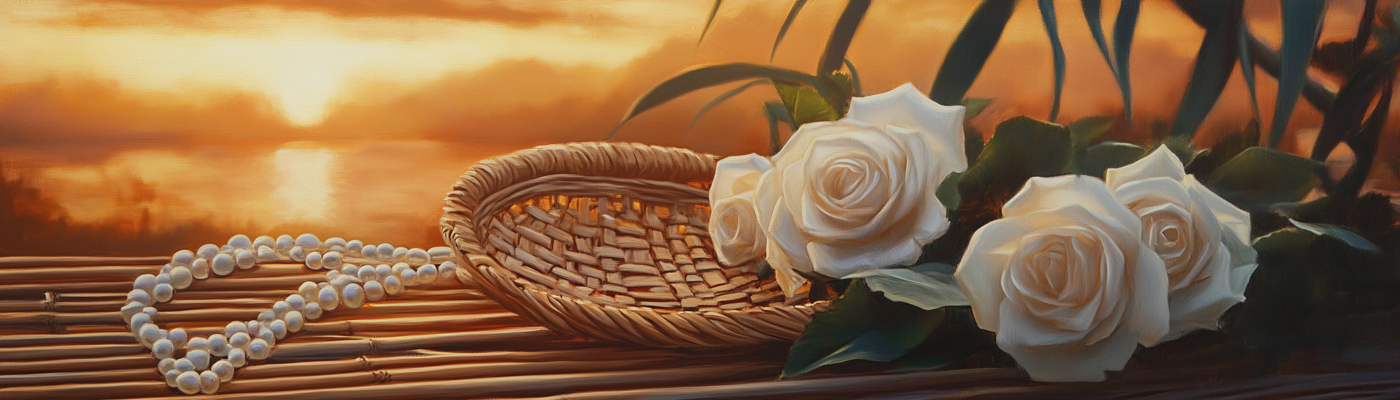 An oil painting of sunset picnic with roses