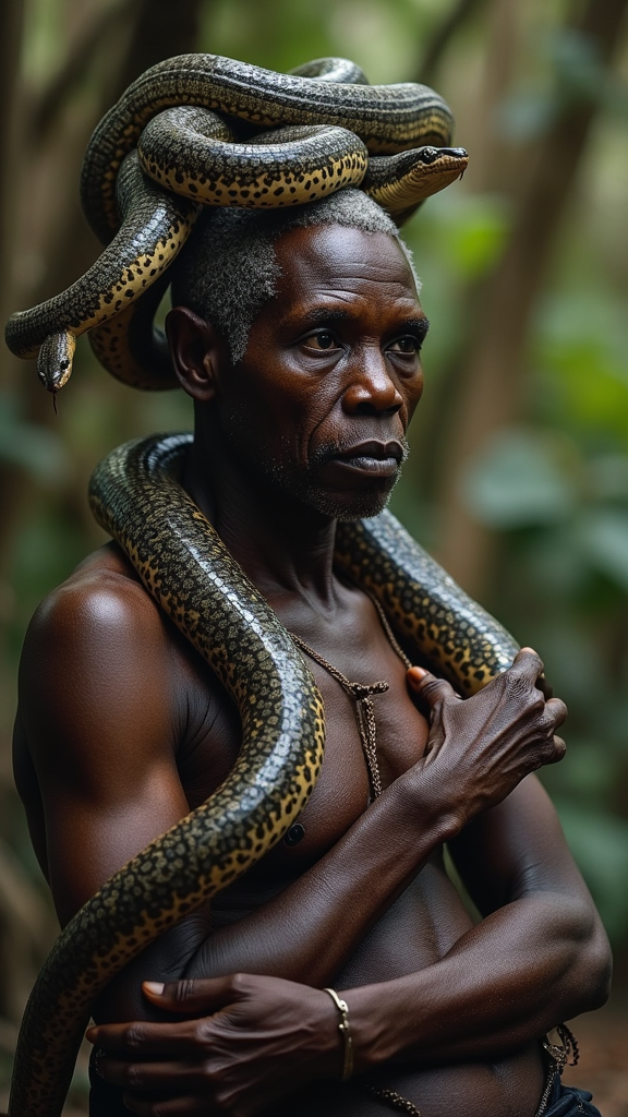 An old African witch with snakes.