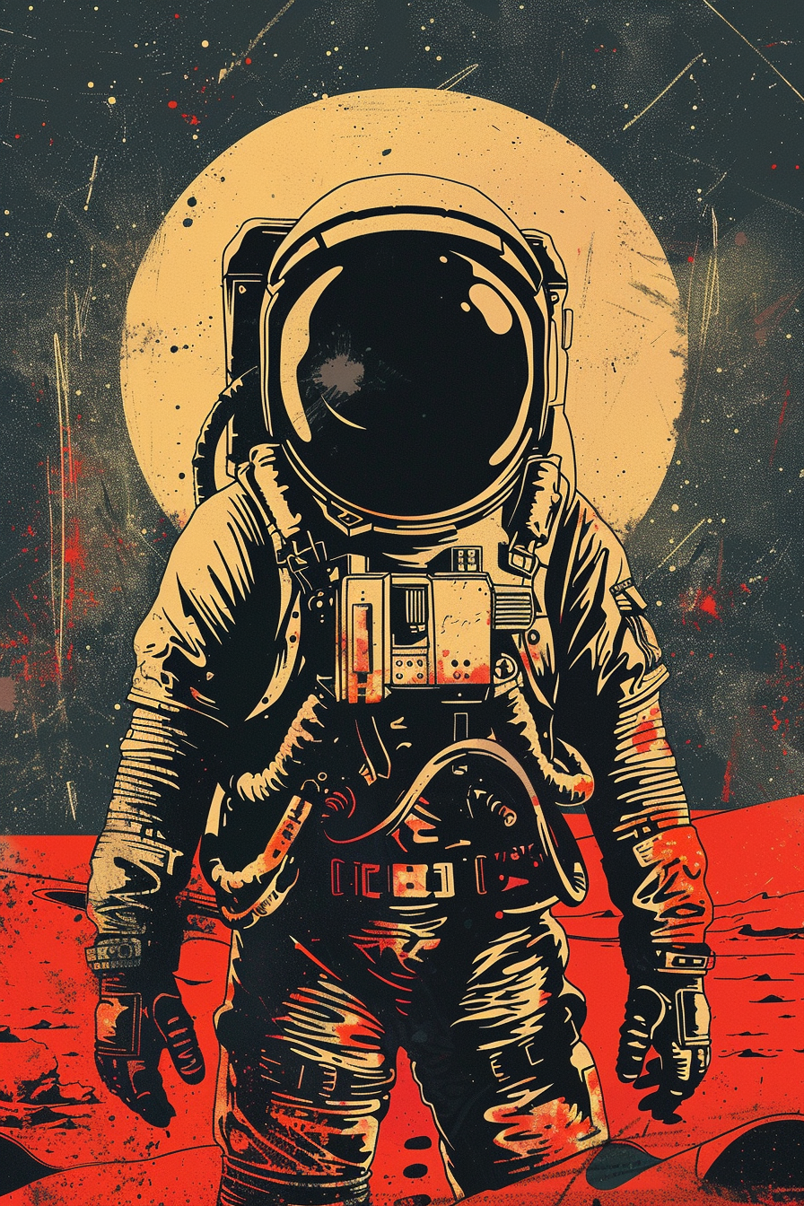 An old astronaut stands on Mars, surreal graphic.