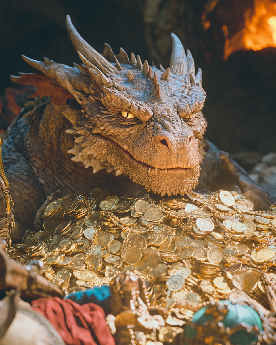 An old dragon on gold pile in cave