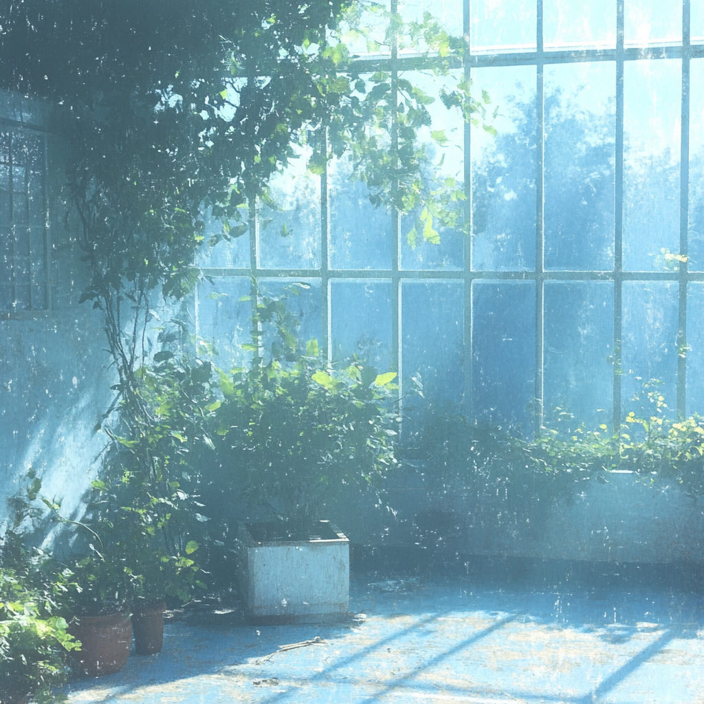 An old glass building with wild plants growing.