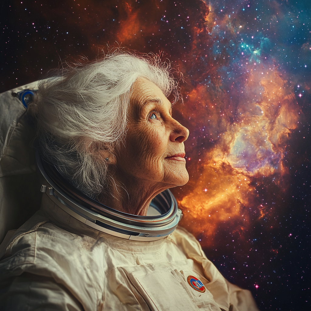 An old lady in astronaut suit exploring space