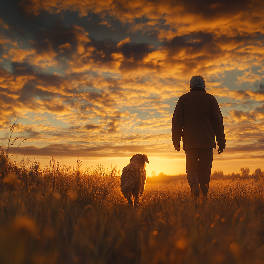 An old man and a golden retriever walking