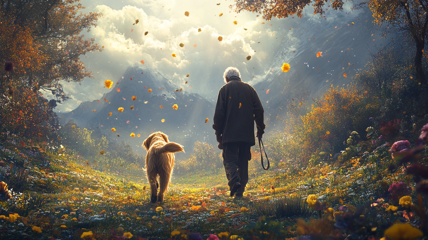 An old man and his dog walking in heaven