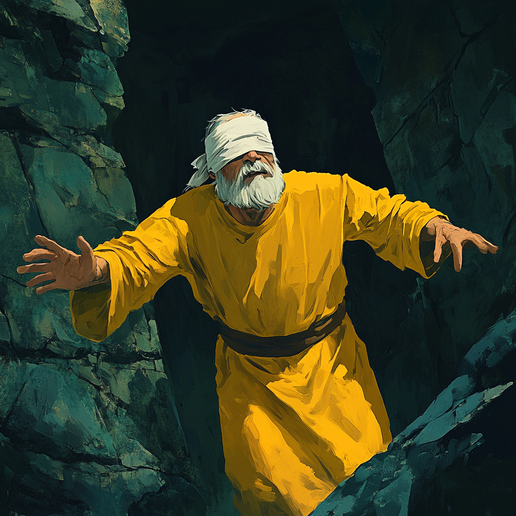 An old man in yellow robe walks through cavern.