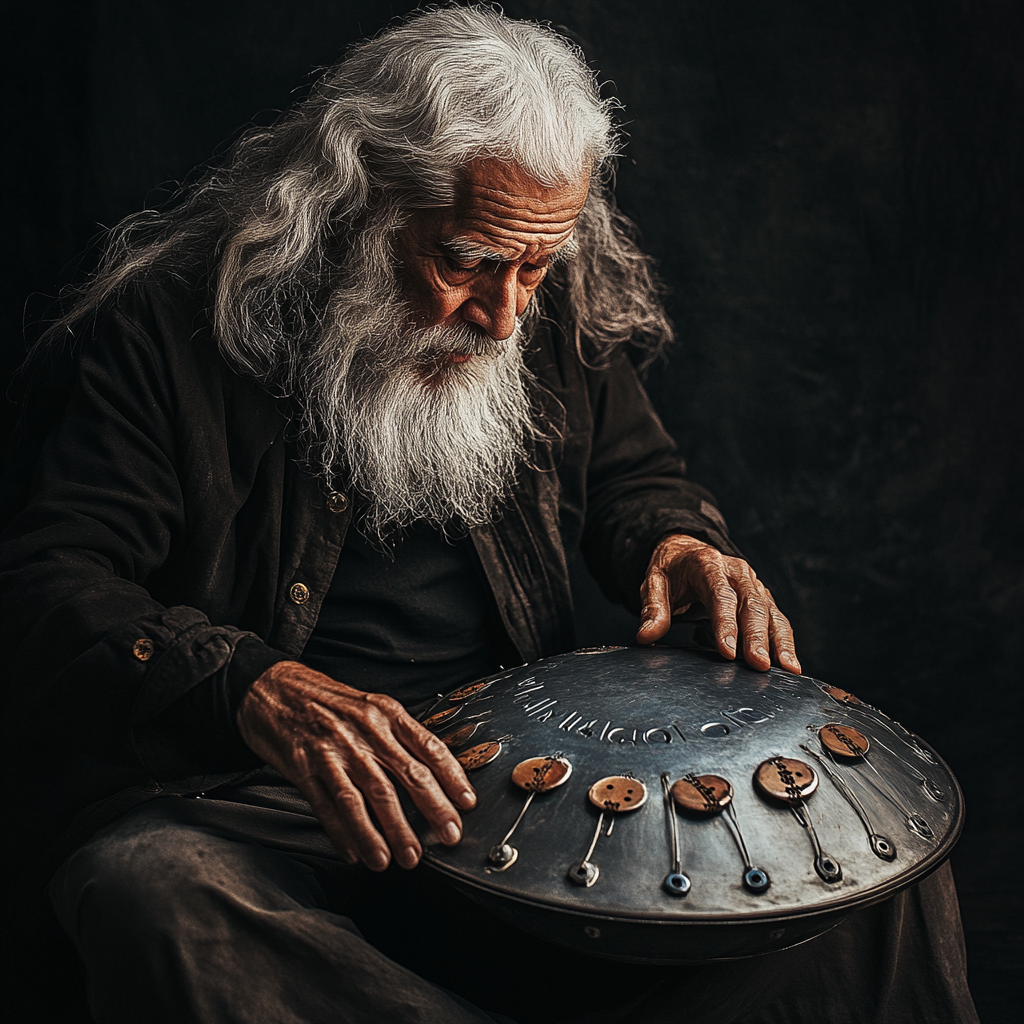 An old man plays on metal drum kit