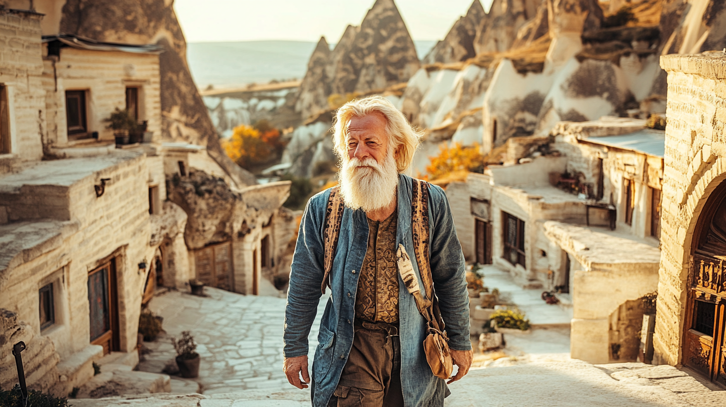 An old man walks through Cappadocia's warm colors.