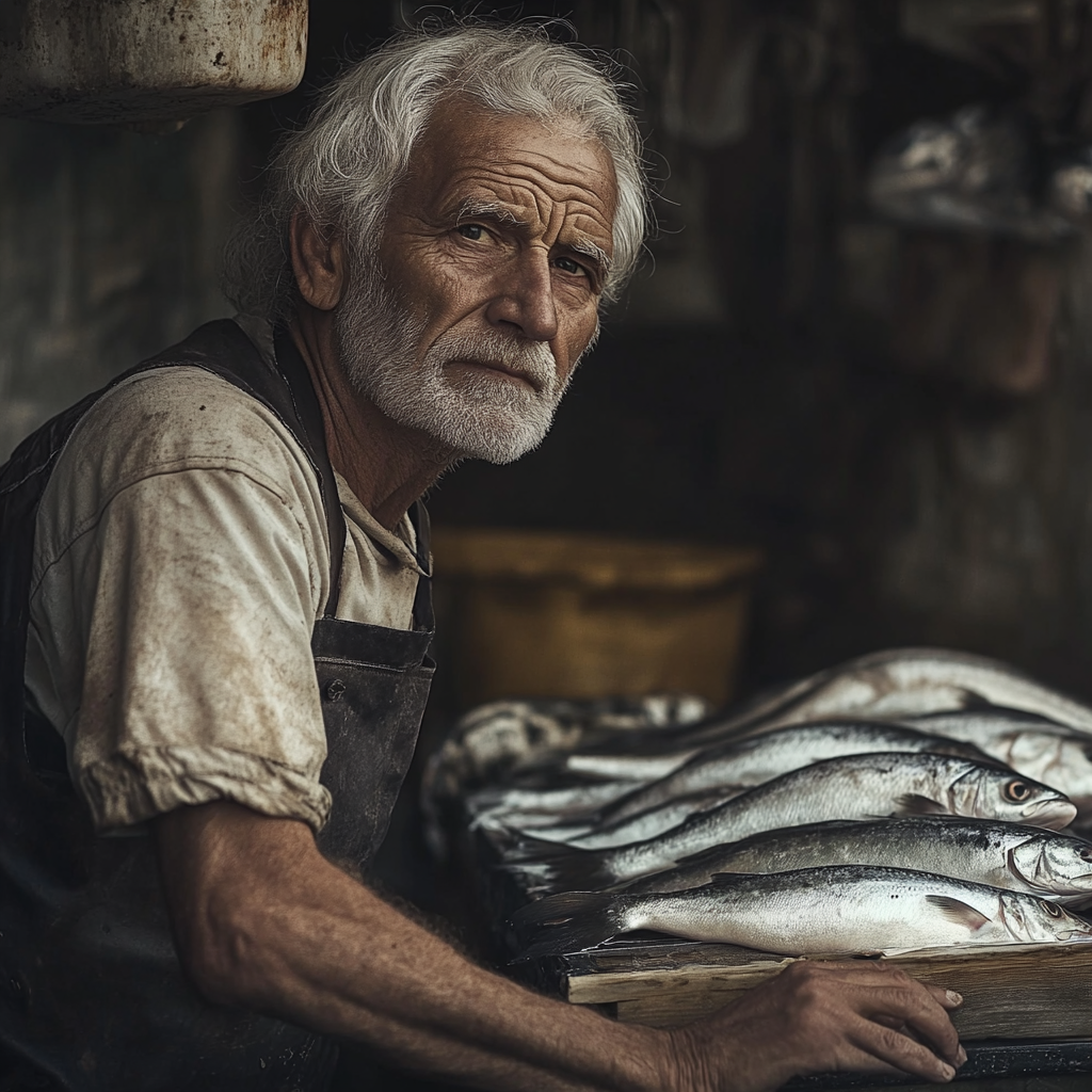 An old man with white hair works at fish counter