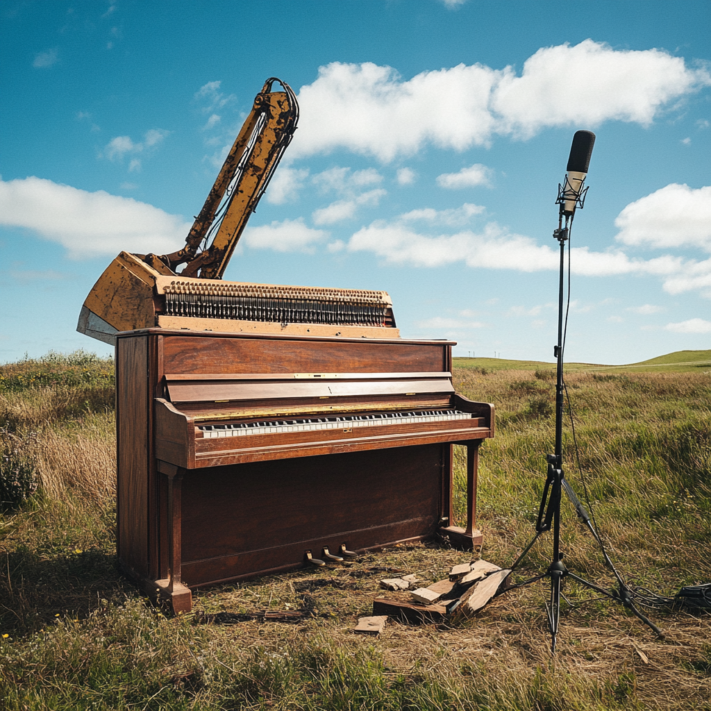 An old piano destroyed by an excavator