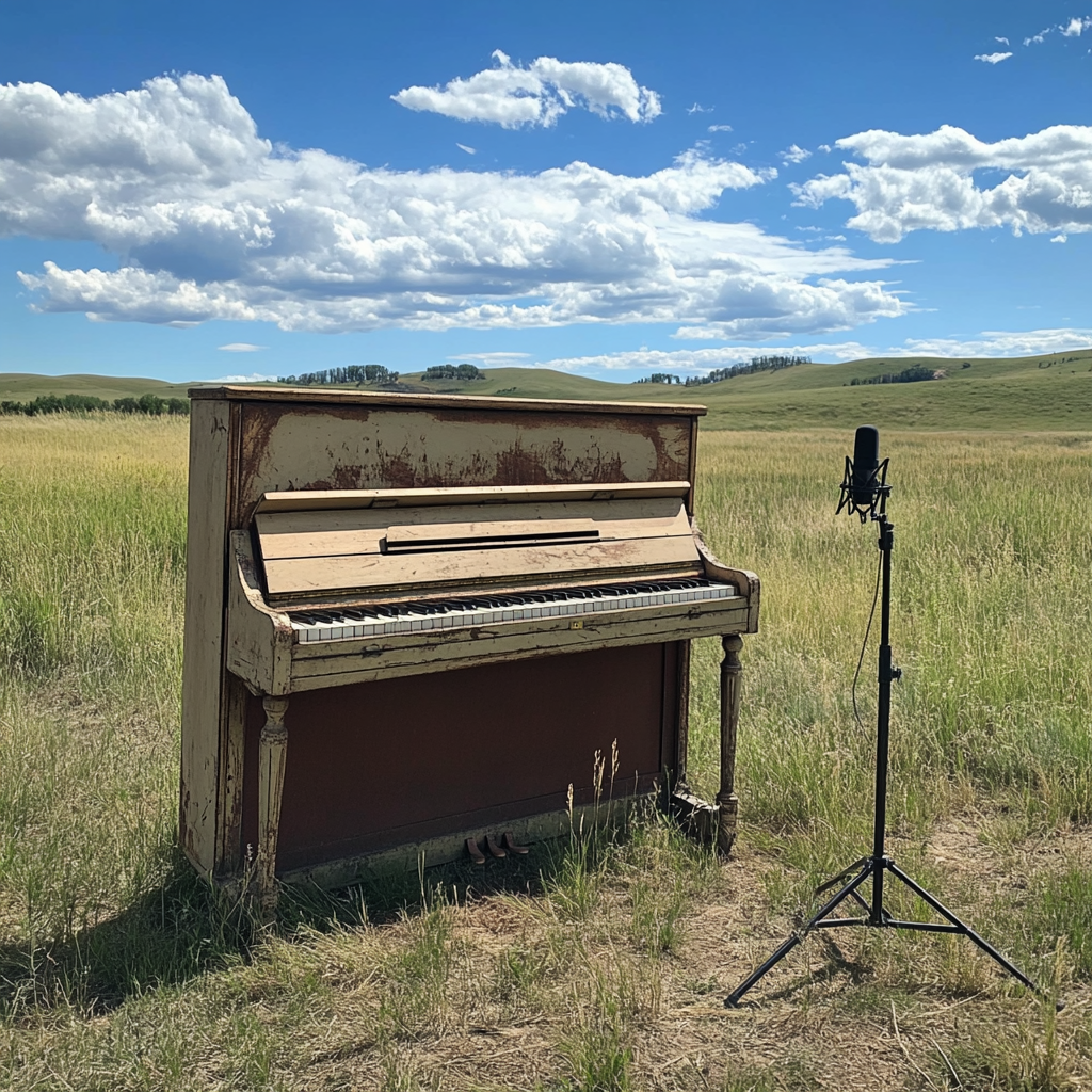 An old piano in grassy field, being lightly destroyed