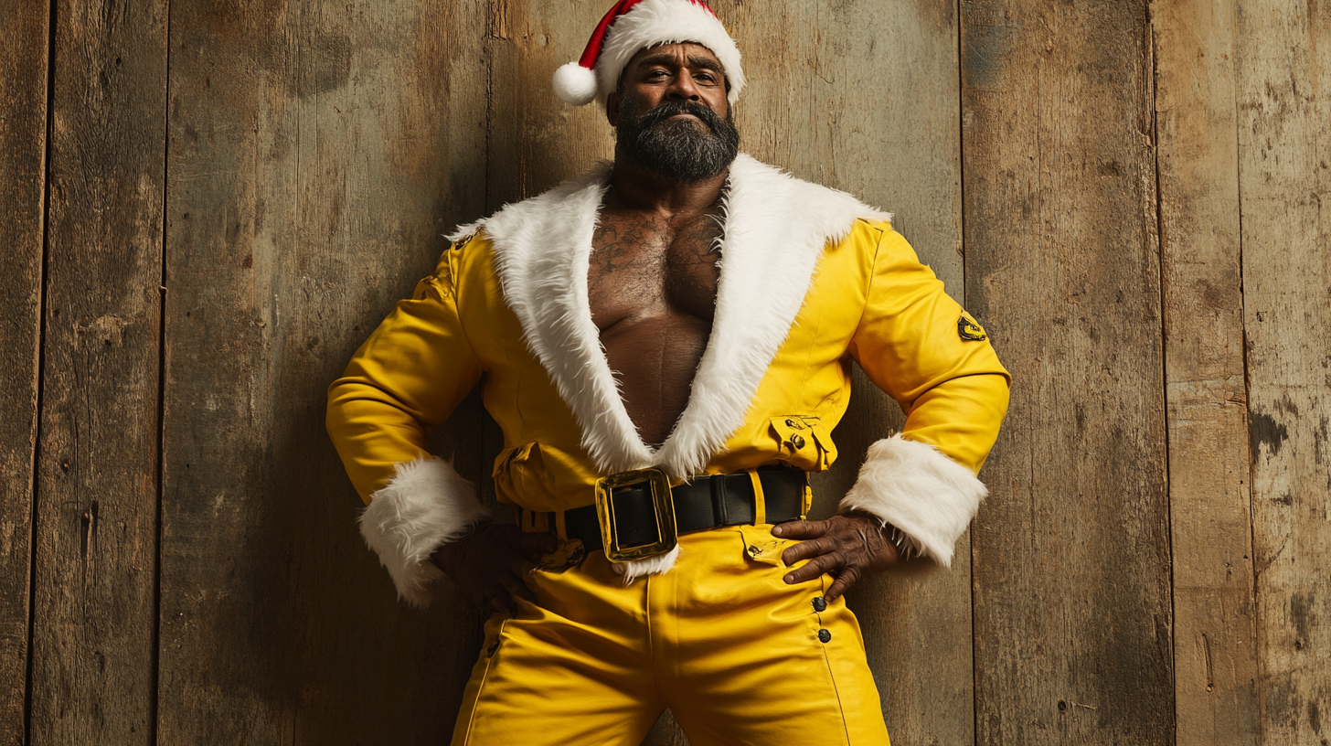 An old tough biker in yellow Santa suit.