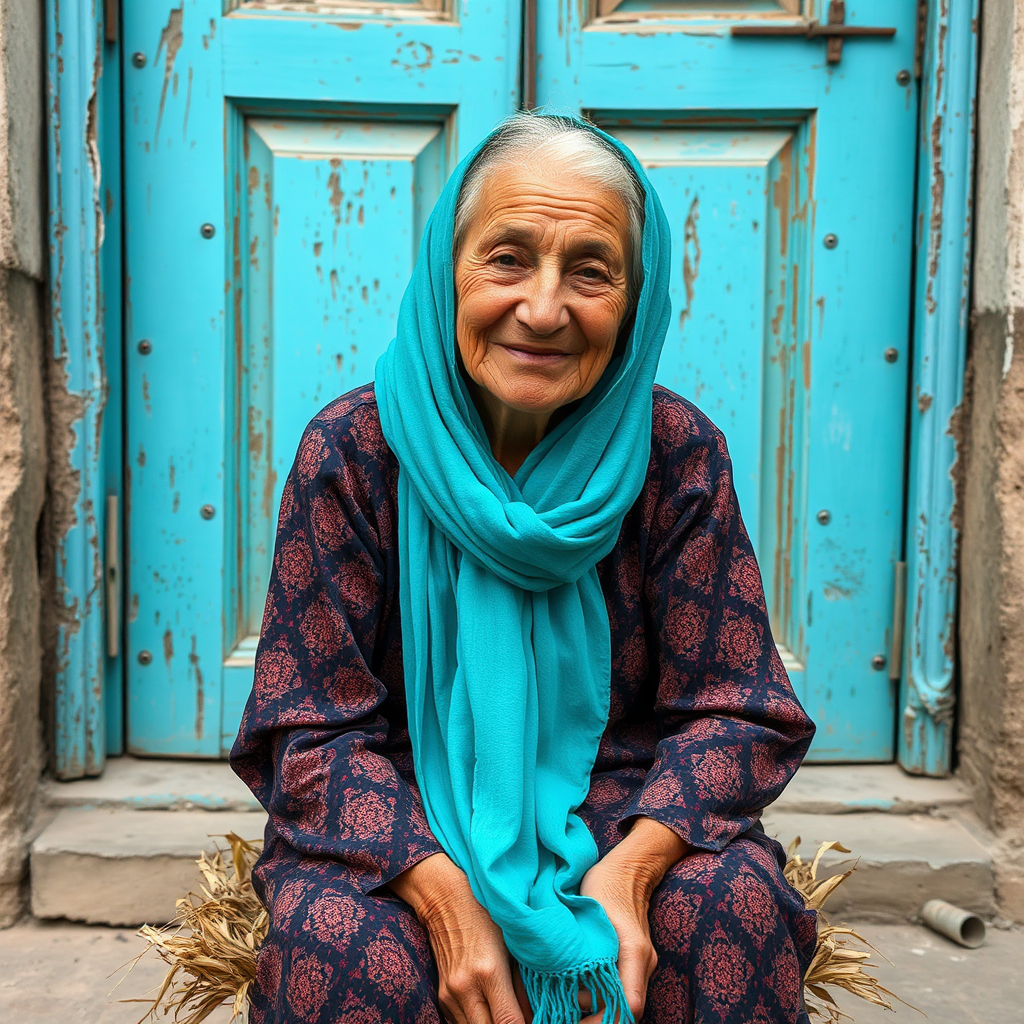 An old woman smiling in front of door.