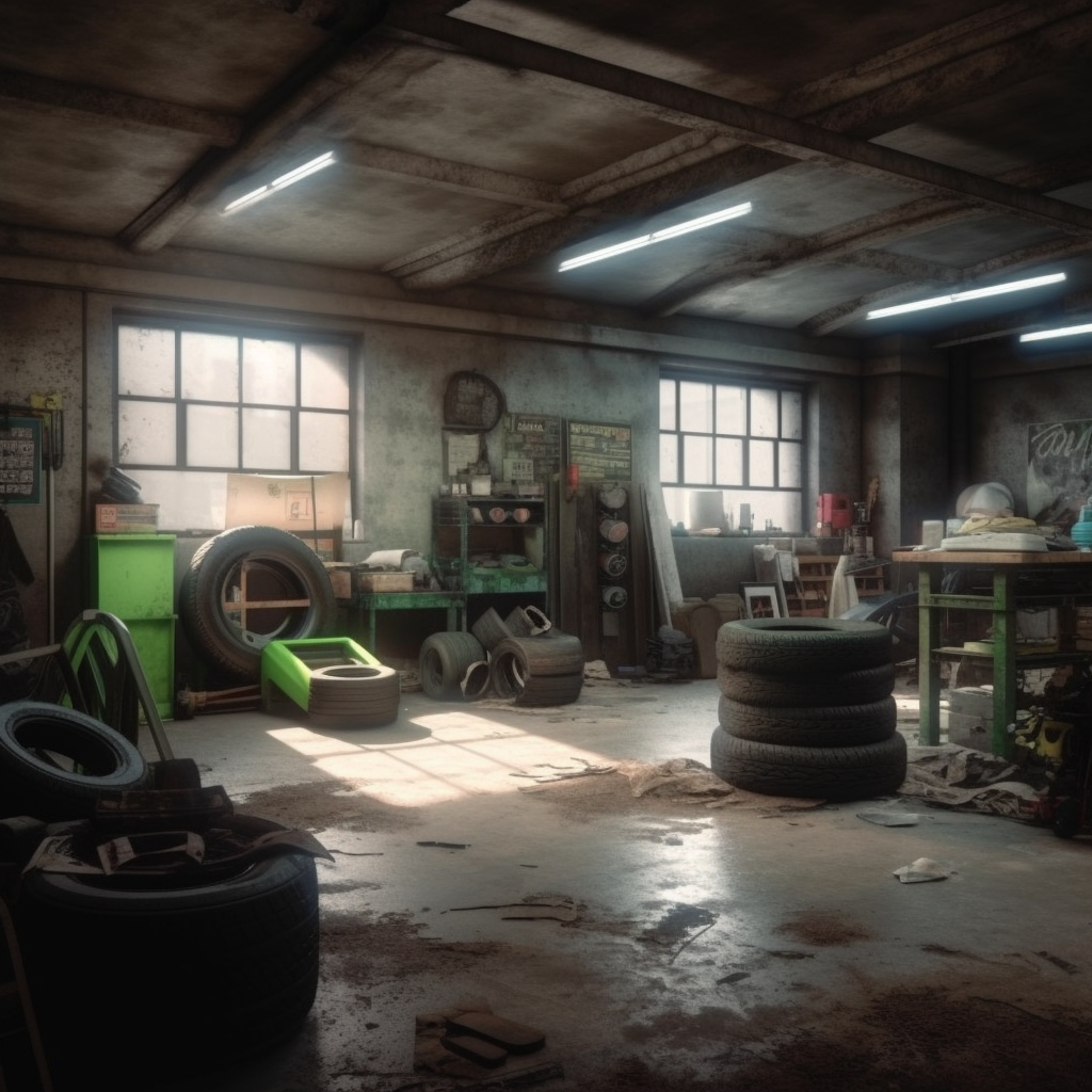 An old workshop with tires, tools, and machines