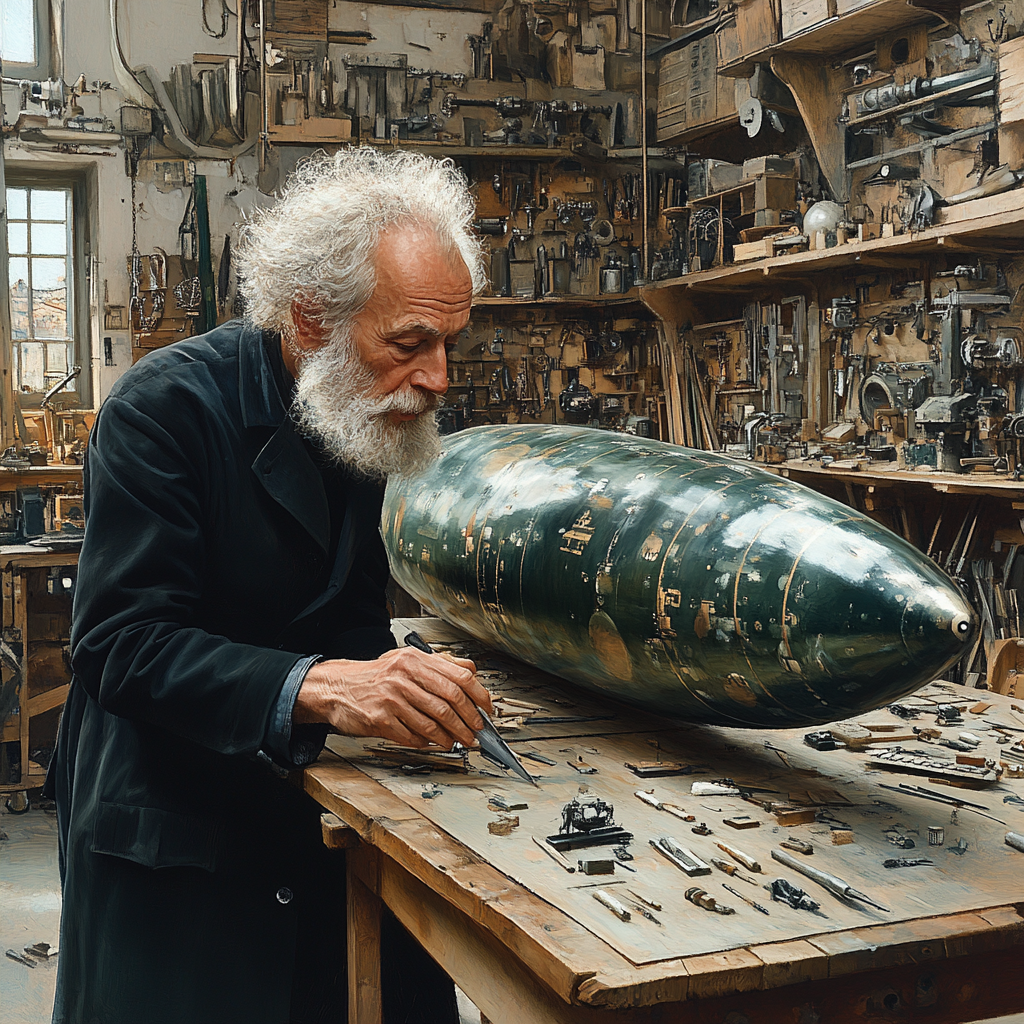 An older builder constructing futuristic machine in woodwork workshop.