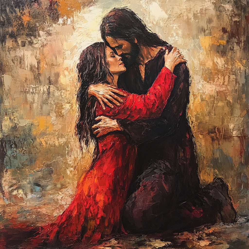 An older woman in red dress hugs Jesus compassionately.