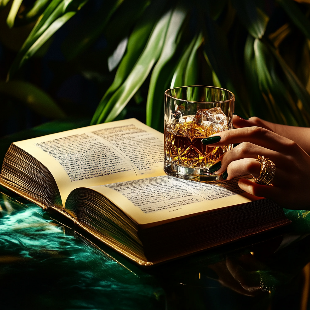 An open book on a bar with a hand.