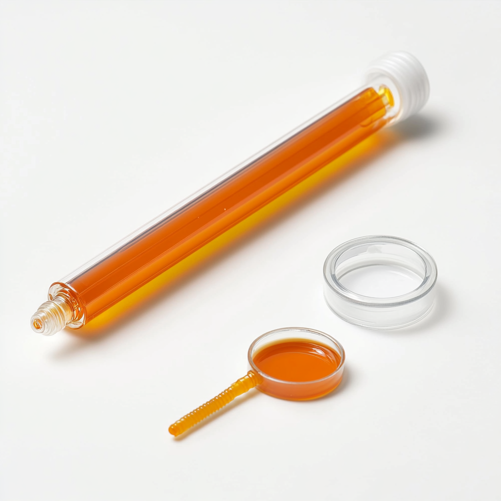 An orange liquid filled syringe next to cap