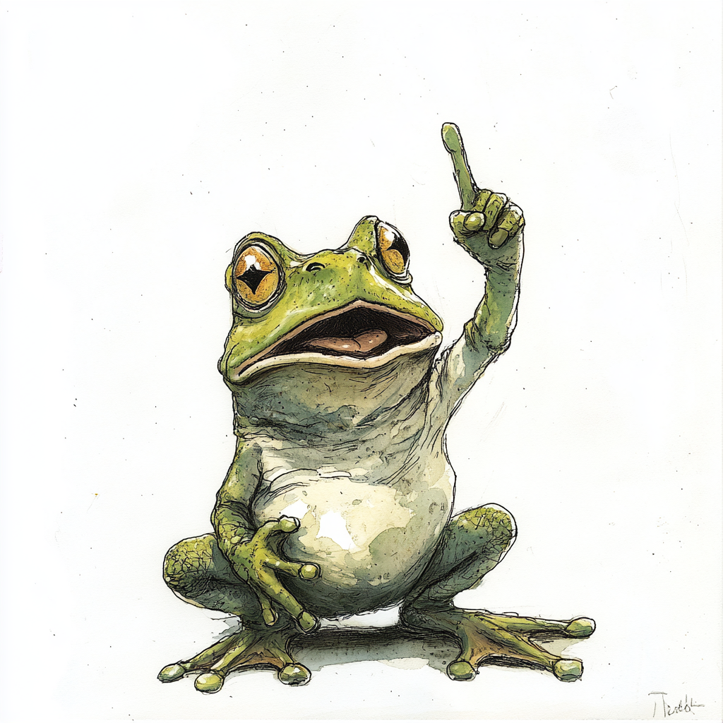 An unhappy elder frog speaking with index finger.