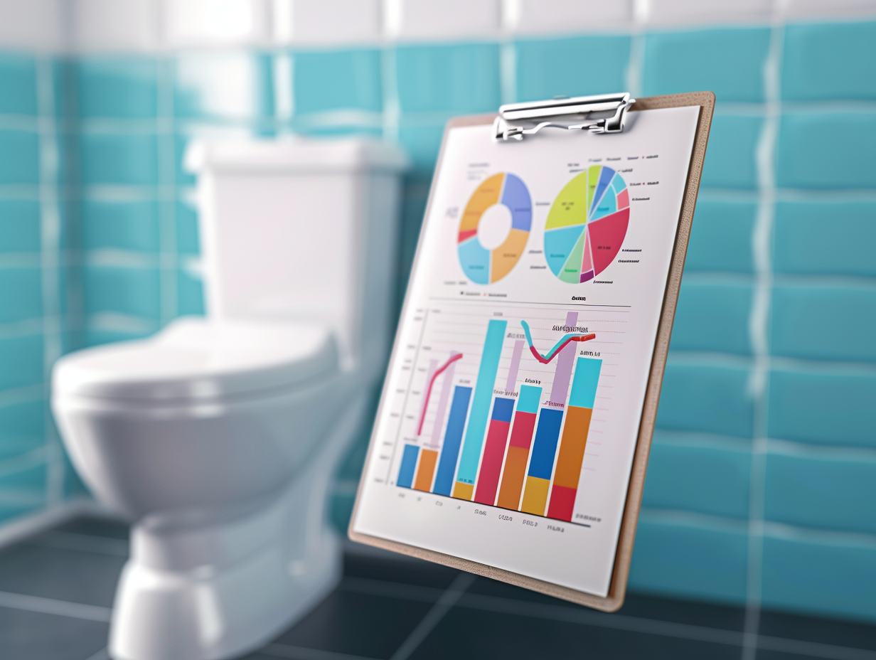 Analytics Report in Office Bathroom with Graphs