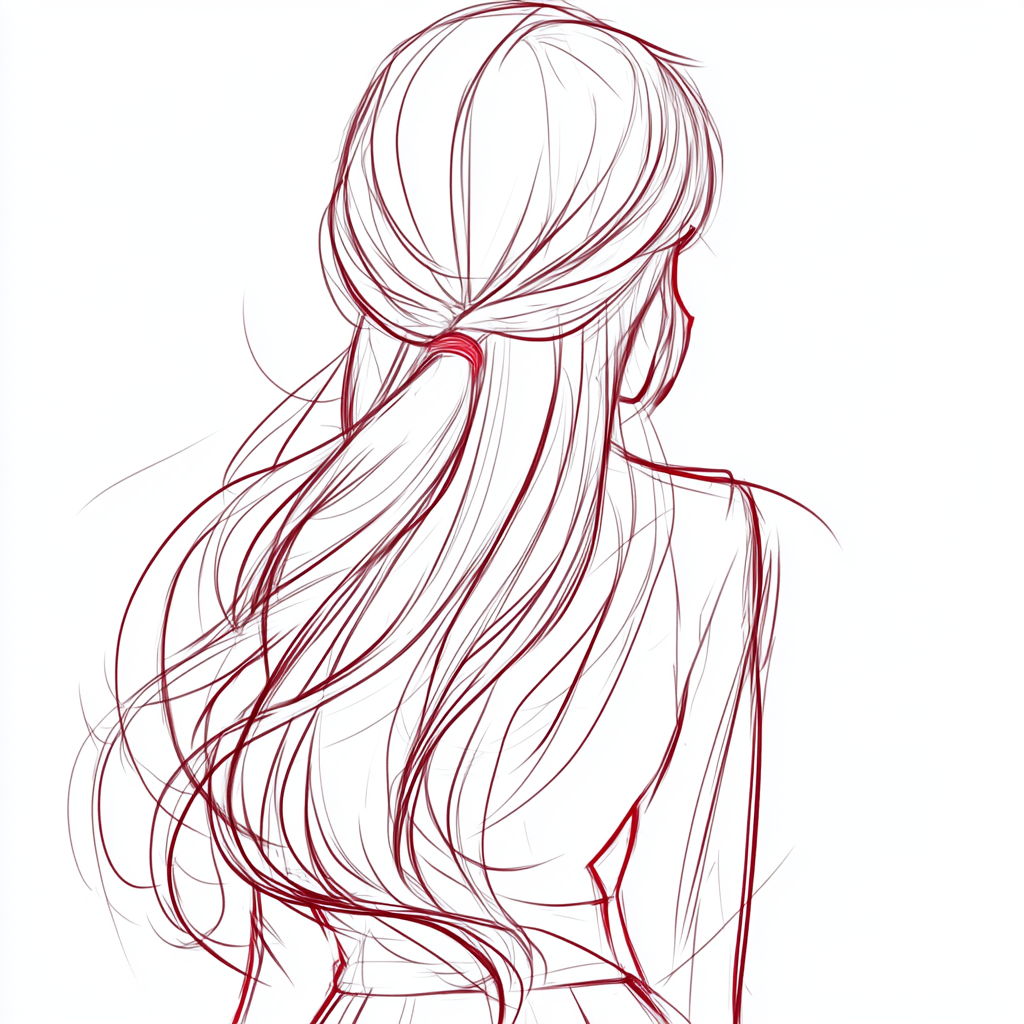 Anatomical Anime Female Character Drawing with Long Curly Hair