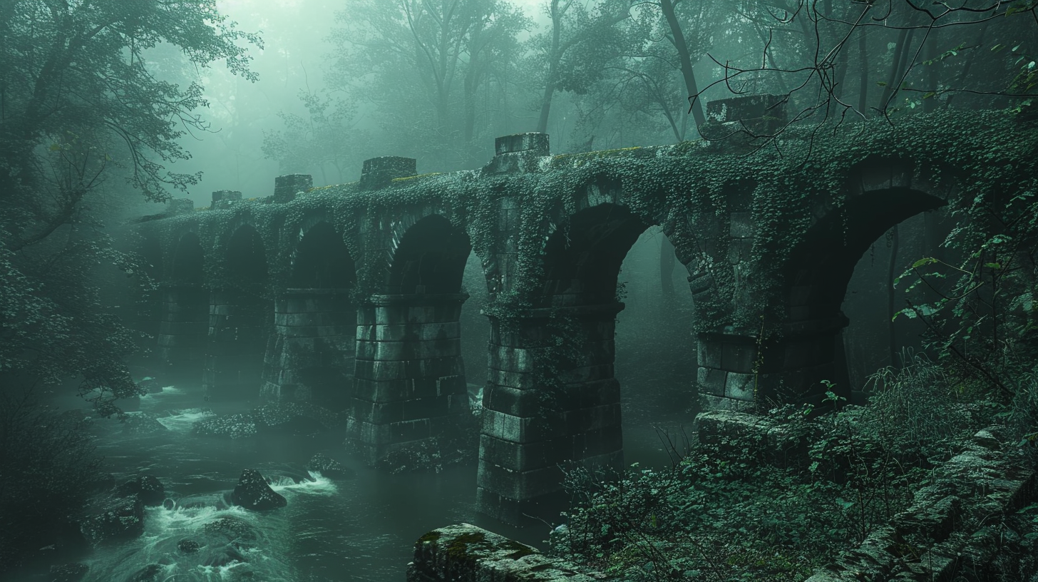 Ancient, eerie, cinematic bridge in dense jungle vegetation.