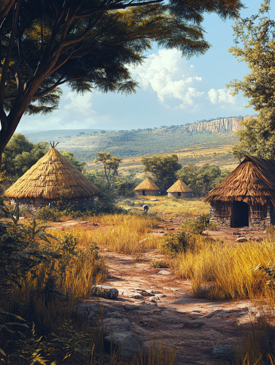 Ancient African homes in a beautiful landscape view.