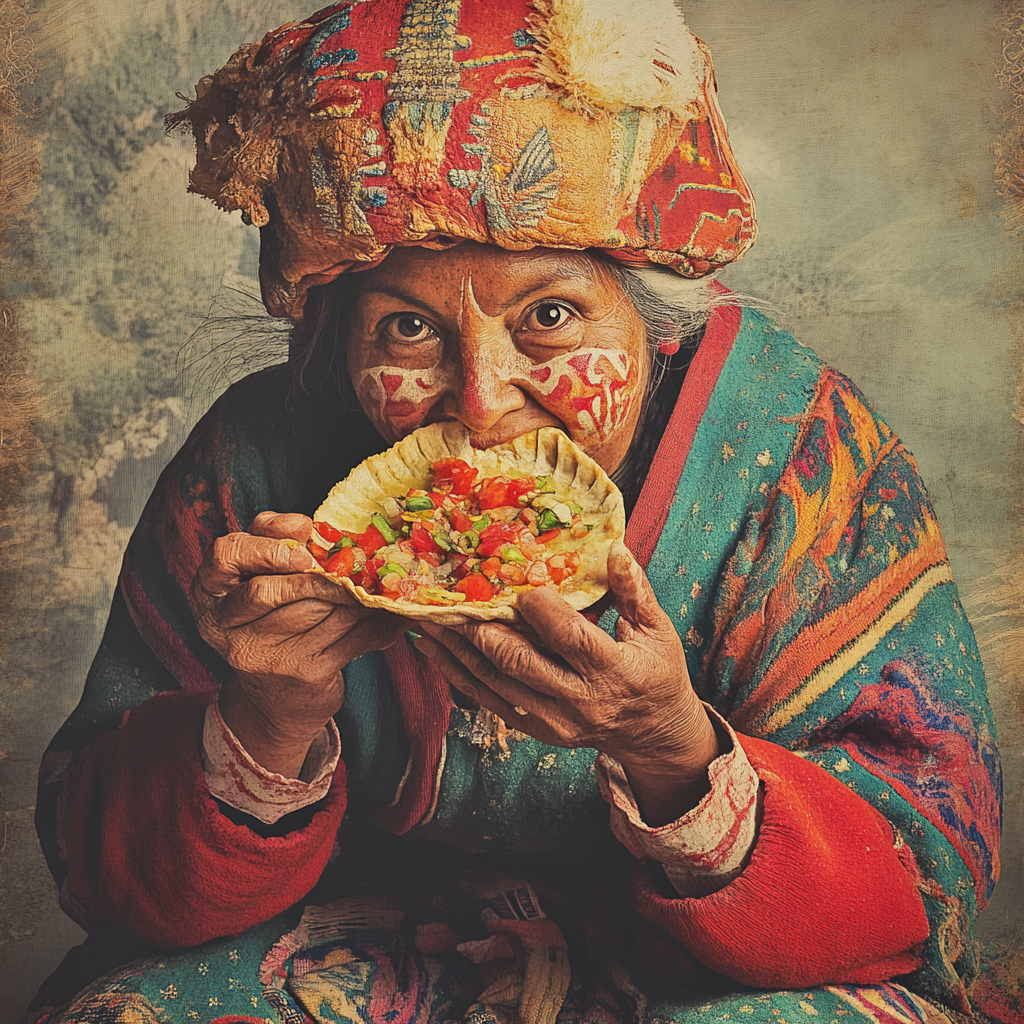 Ancient Andean woman eats empanadas by mountains