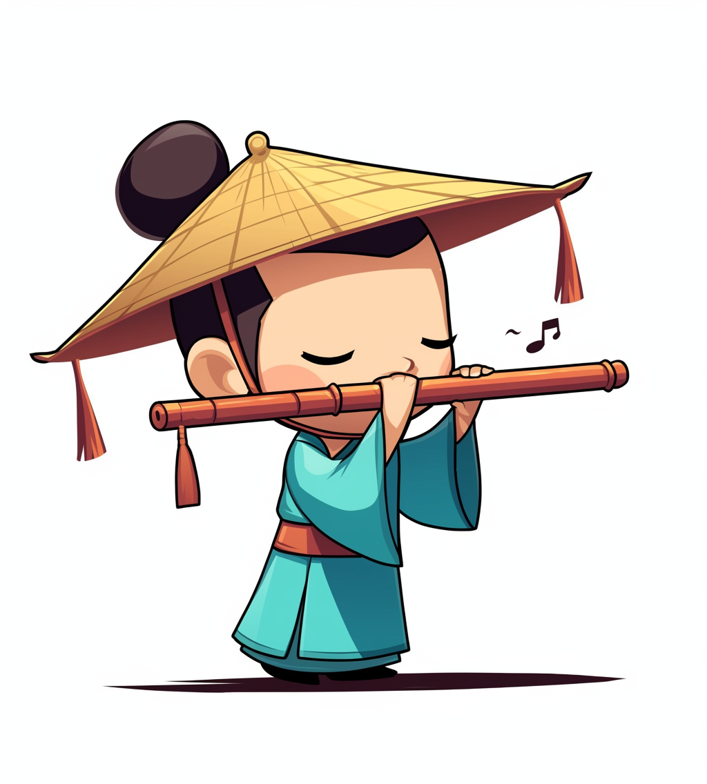 Ancient Chinese Man Playing Flute: Cute Cartoon Illustration.