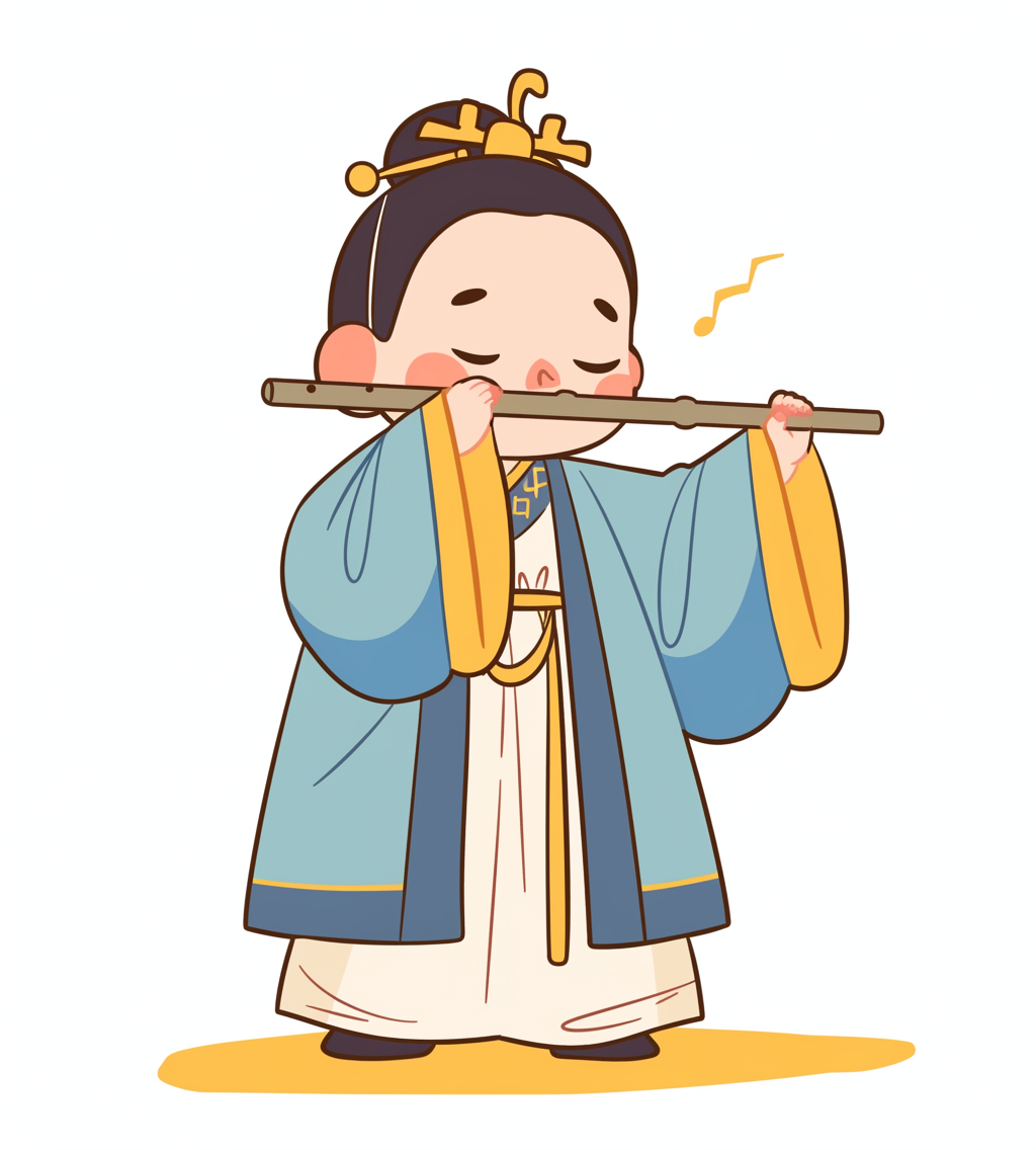 Ancient Chinese boy plays flute in cartoon style