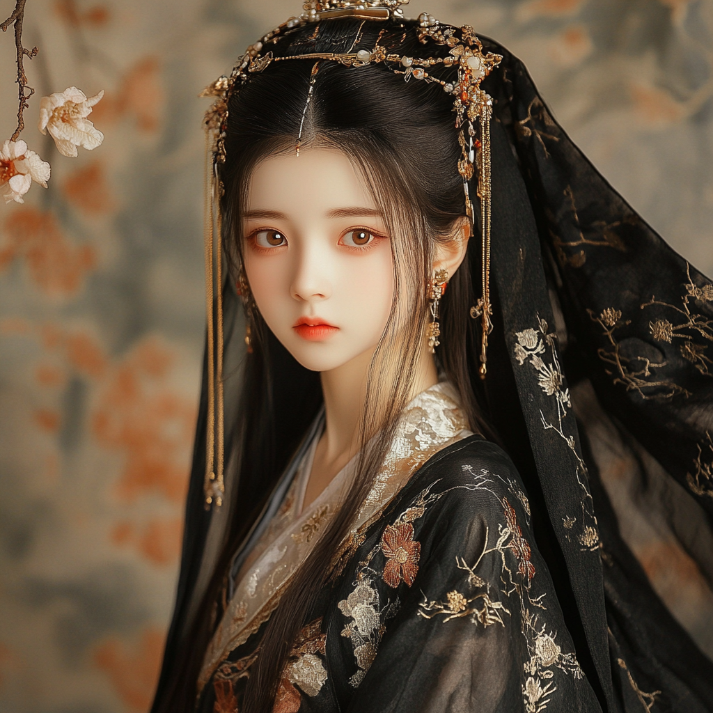 Ancient Chinese girl, chestnut hair, Tang costume, cloak.