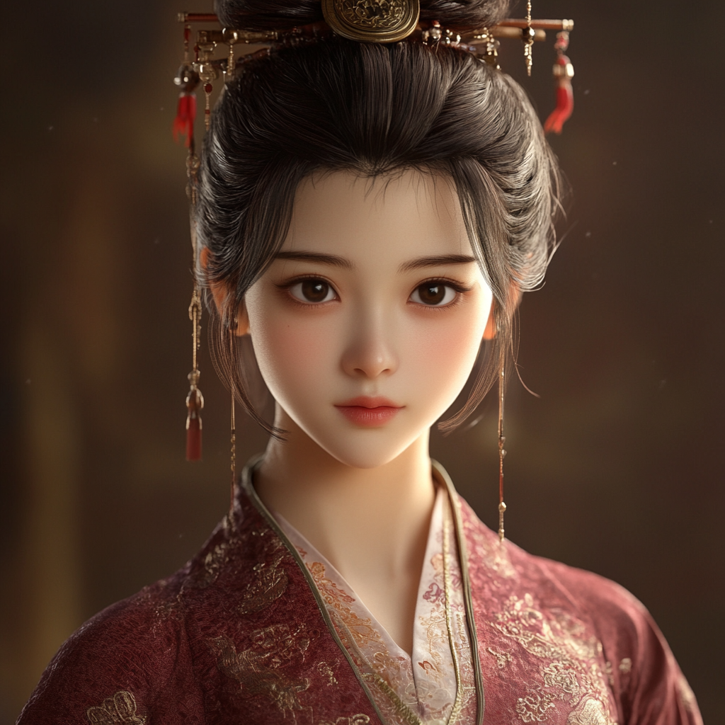 Ancient Chinese girl, chestnut hair, eyes, Tang costume.