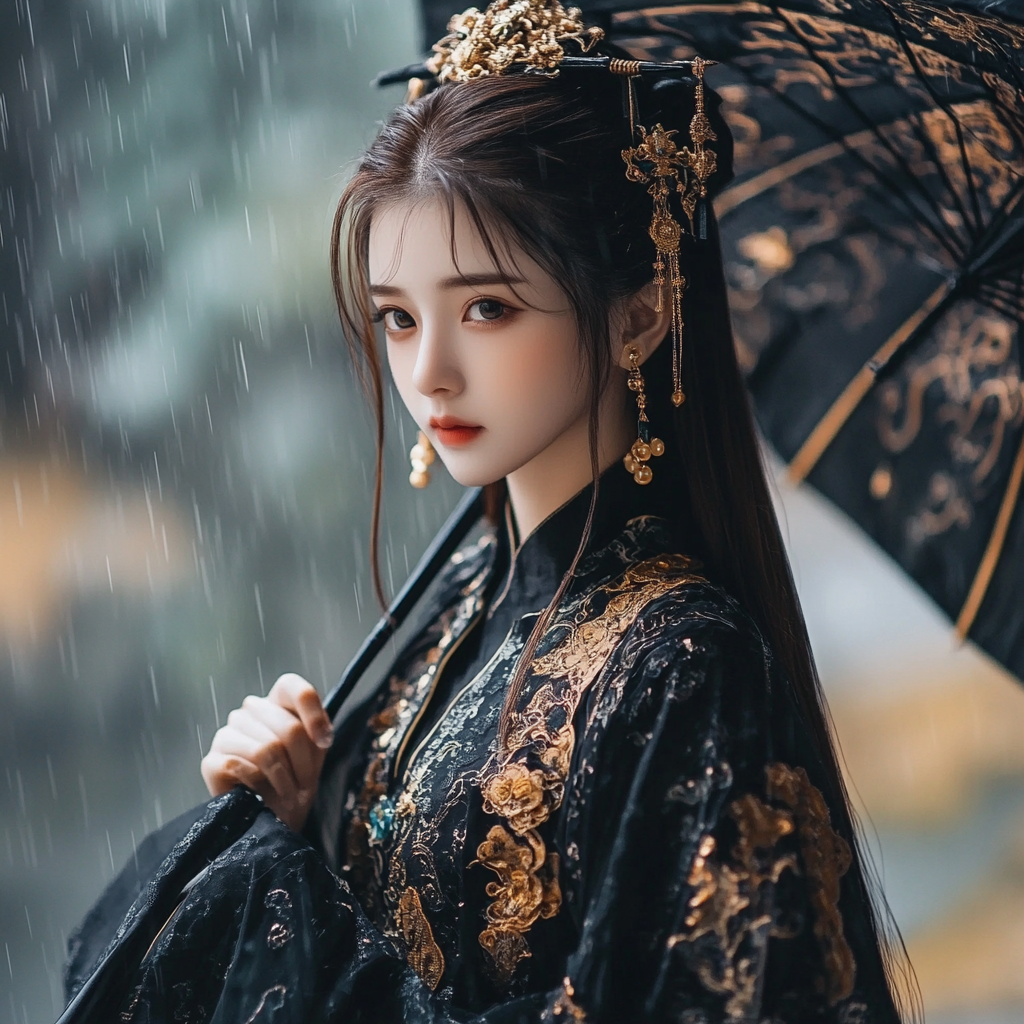 Ancient Chinese girl in heroic costume walks in rain.