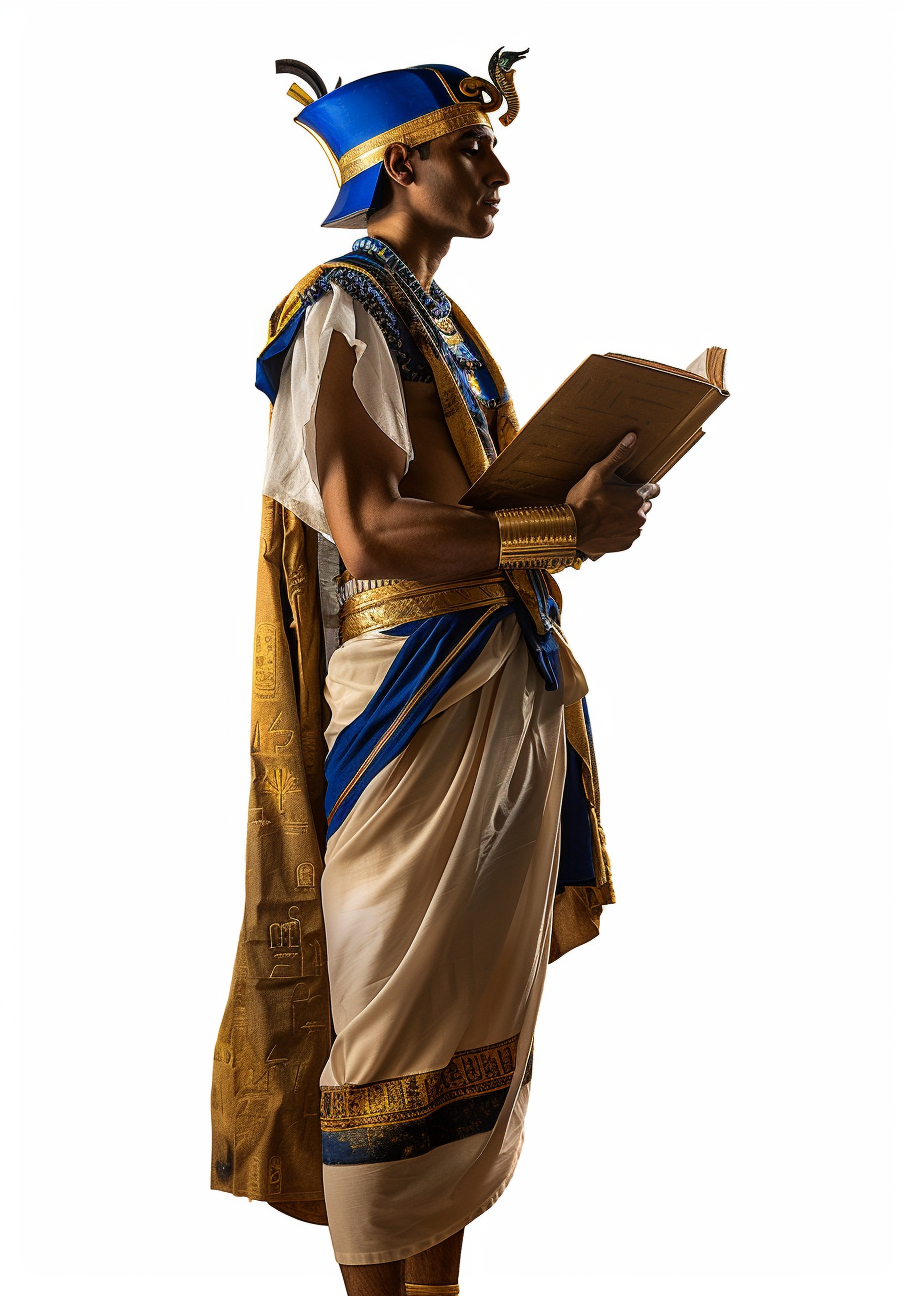 Ancient Egyptian man holding book in historical outfit.