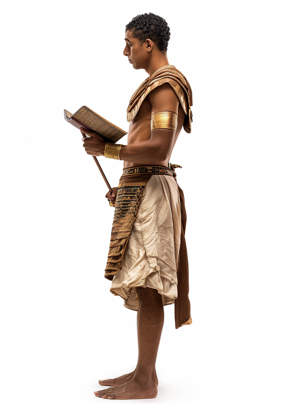 Ancient Egyptian man with book and stylus on white