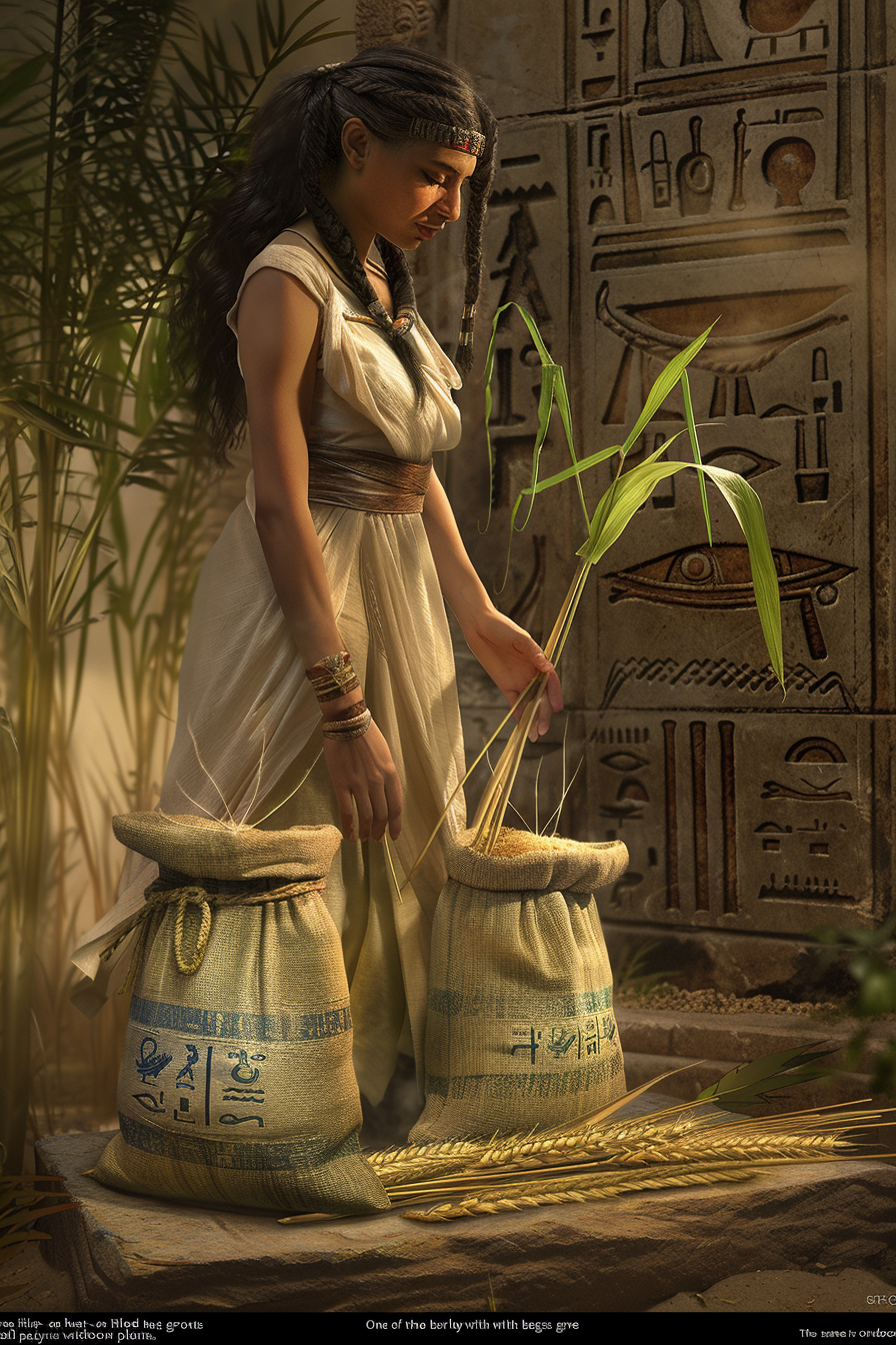 Ancient Egyptian woman beside bags of barley and wheat.