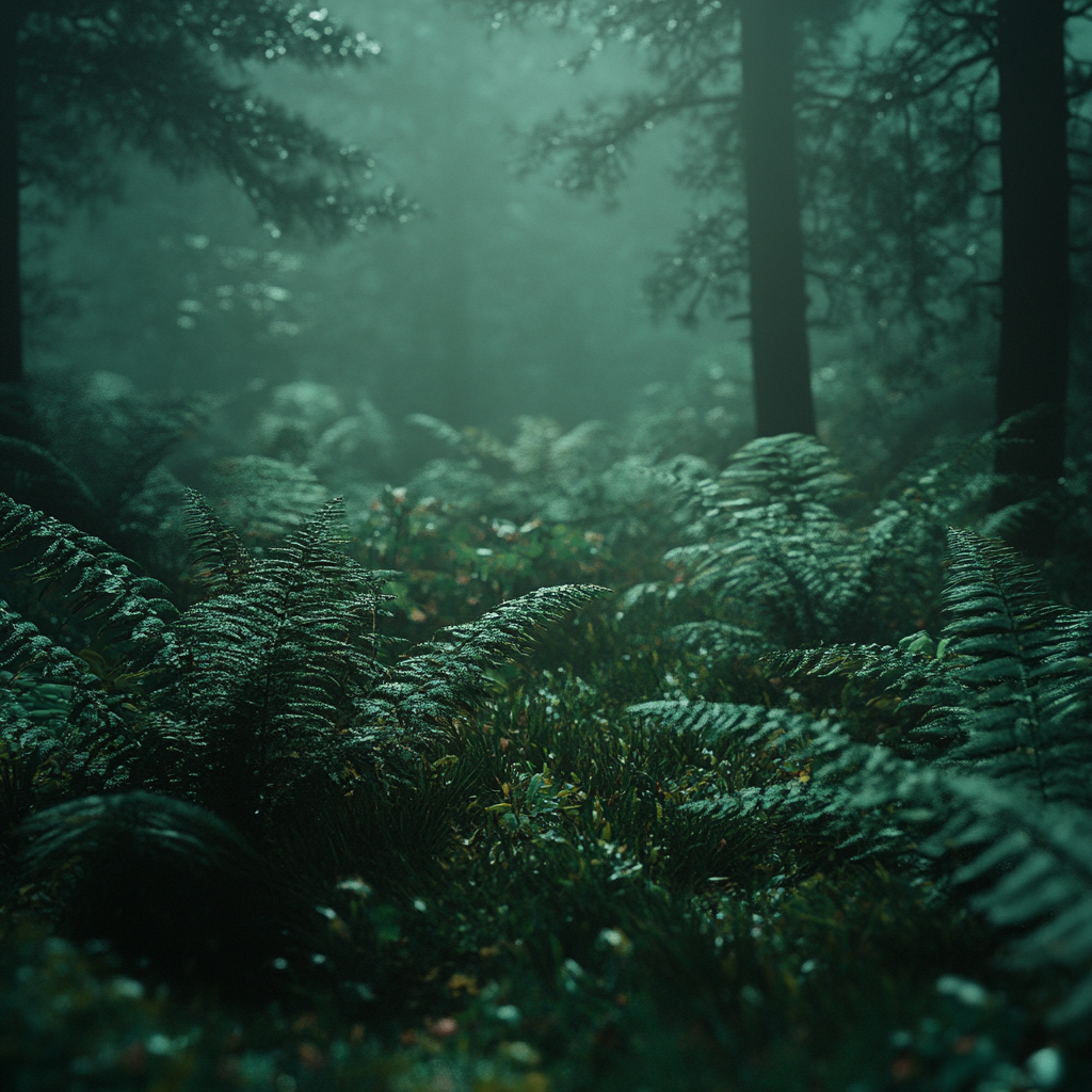 Ancient Evergreen Forest Night Scene with Creepy Vibes