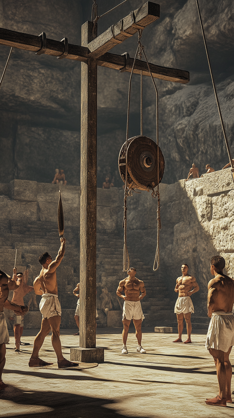 Ancient Greek gymnasium equipment and athletes exercising.