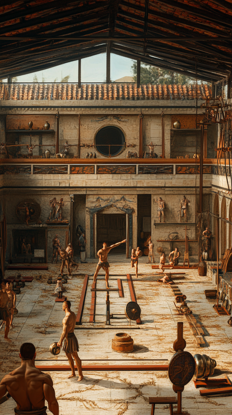 Ancient Greek gymnasium with athletes and historical equipment.