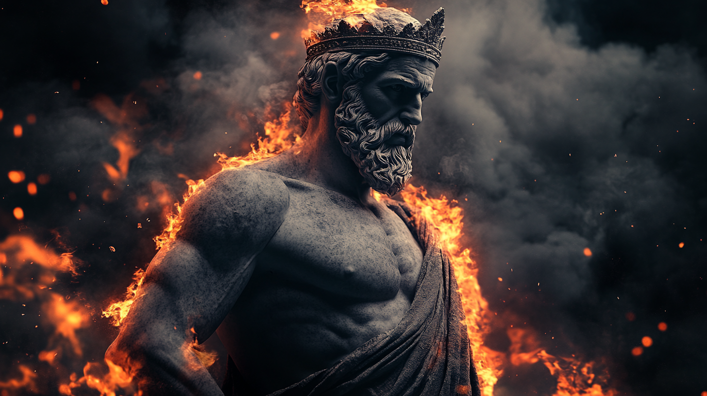 Ancient Greek philosopher wore crown, surrounded by flames. 