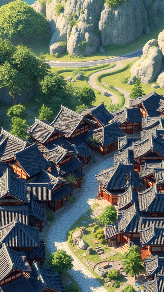 Ancient Japanese town in Pixar style, zoomed in.