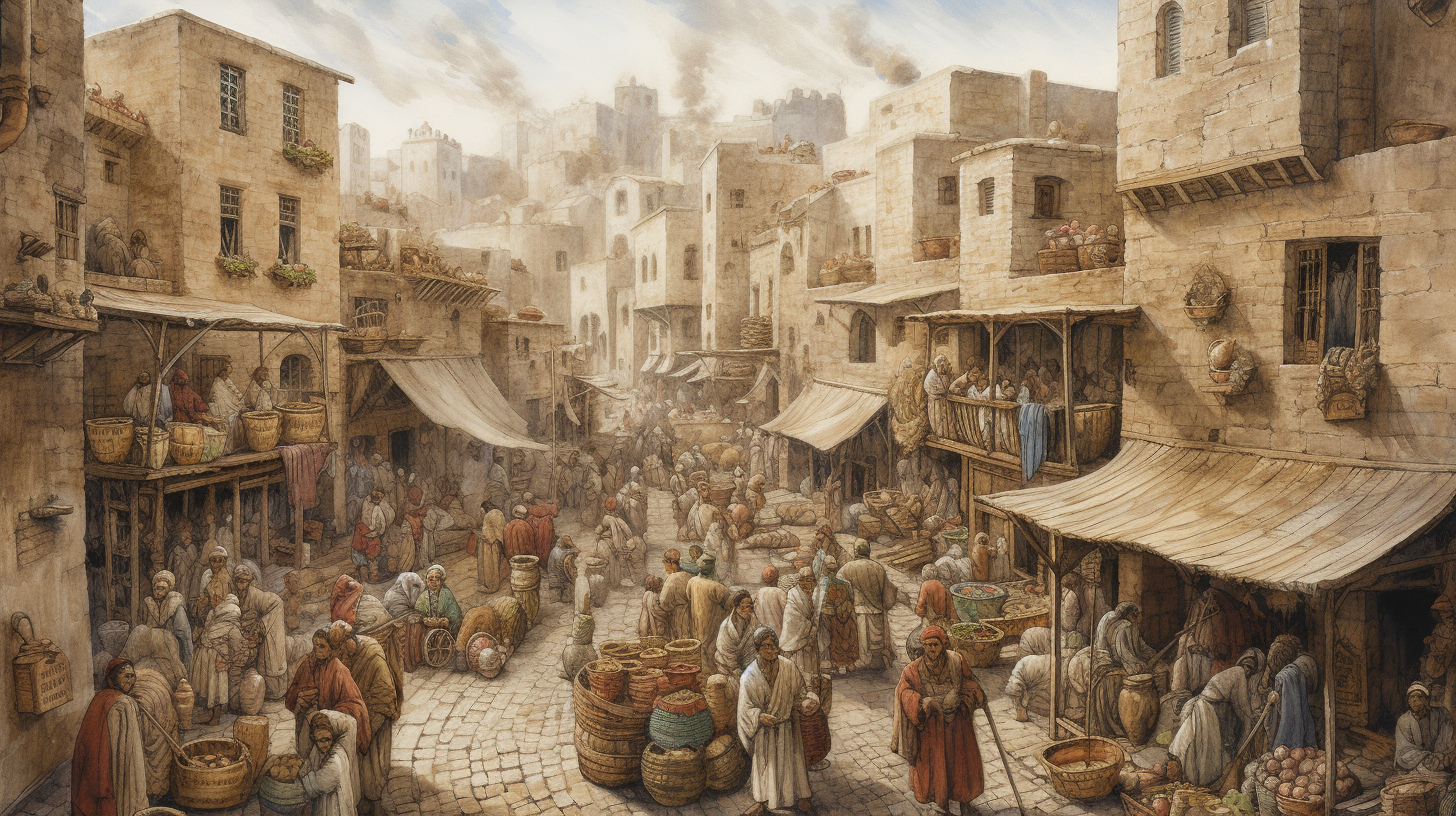 Ancient Jerusalem Marketplace with Merchants and Villagers