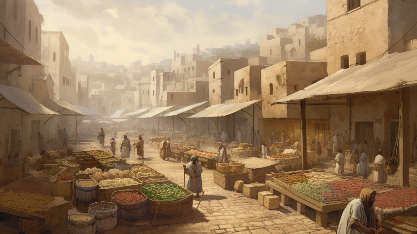 Ancient Jerusalem marketplace with fruits, spices, and buildings.