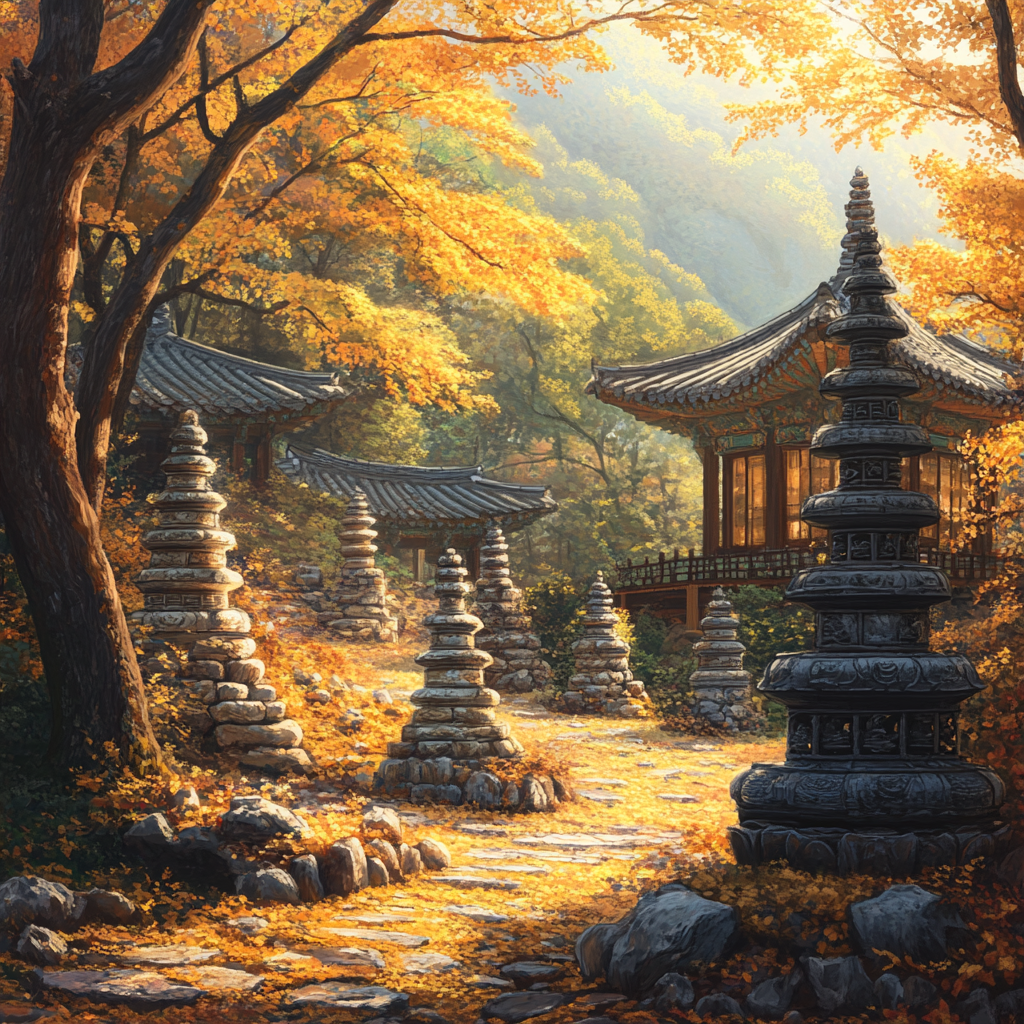 Ancient Korean temple with stone pagodas and Buddha statues in autumn forest