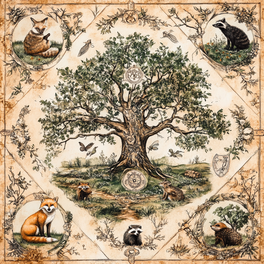 Ancient Magical Woodland Map with Four Animals