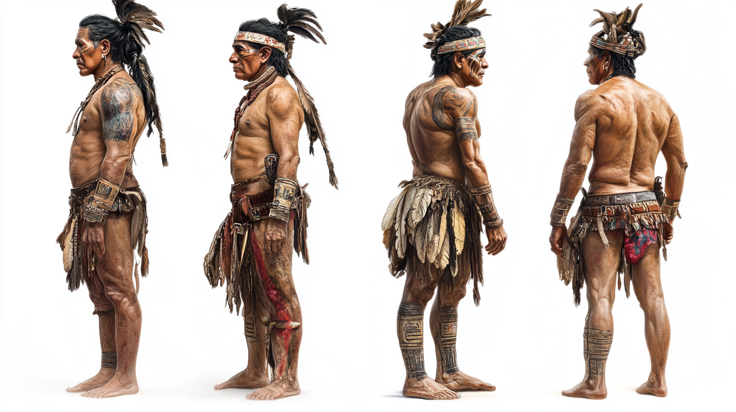 Ancient Mayan men in various directions on white background