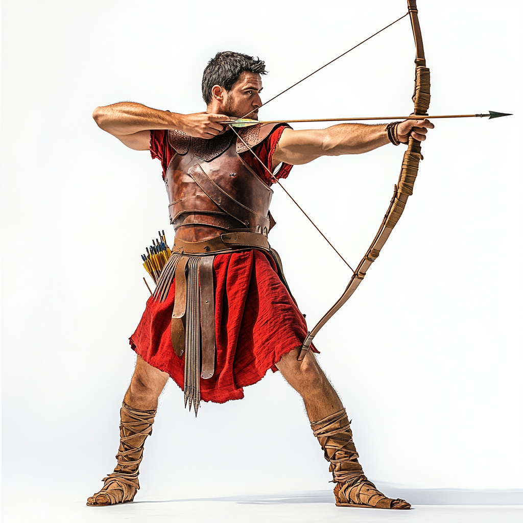 Ancient Roman army archer dressed in red tunic.