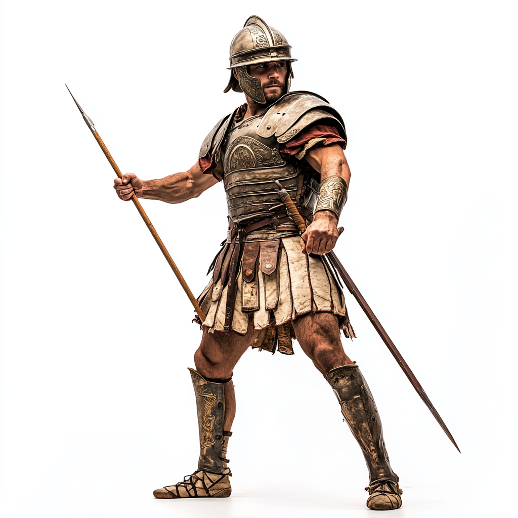 Ancient Roman legionary holding javelin, wearing armor and helmet.