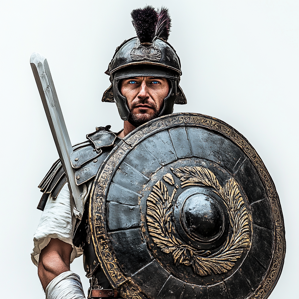 Ancient Roman praetorian guard with black armor, blue eyes.