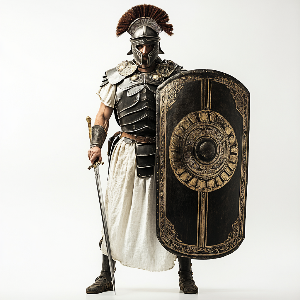 Ancient Roman soldier in black armor with white tunic.